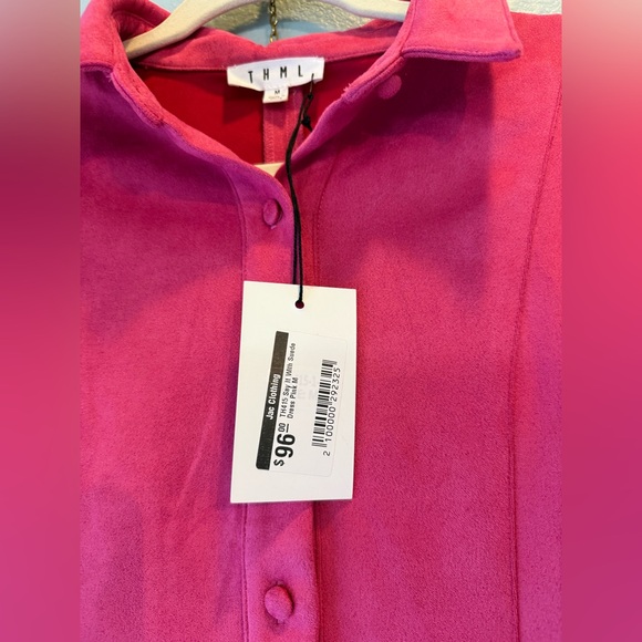 NWT THML Pink Suede Puff Sleeve Collared Button A-Line Dress M - Picture 5 of 6